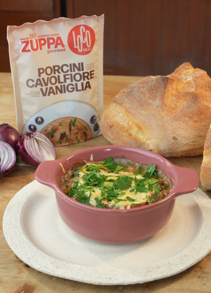 Zuppa di cipolla con Locomeal Porcino, Cavolfiore e Vaniglia